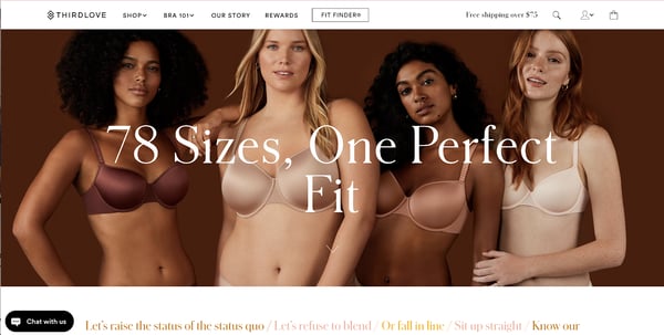 An inclusive marketing image of women from all backgrounds wearing ThirdLove bras is placed on the ThirdLove website